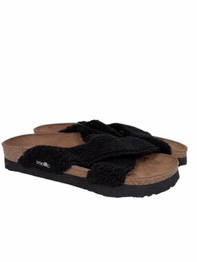 Papillio Birkenstock Black Fuzzy Teddy Slide Sandals Cork Size 40 US 9 Womens